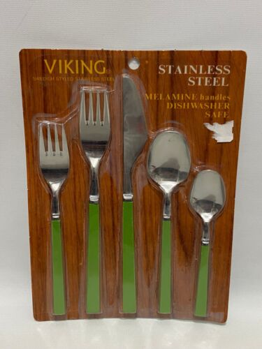 Vintage Viking Swedish Styled Silverware Set Melamine Handles Green New MCM