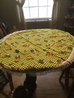 Vintage Round Terry Cloth Table Cloth With Tea Pots & Flowers Bright Colors 48”R