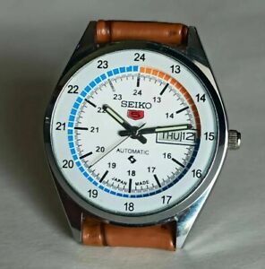 Seiko 5 Auto. Day/Date White Color Dial Men's Resurfaced Watch Transparent Back