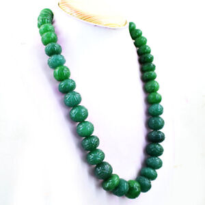 Round Shape 945.00 Cts Earth Mined Green Emerald Carved Beads Necklace NK 72E37