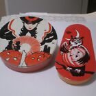 Two Vintage Metal Halloween Noise Makers Owl & Fortune Teller USA Made