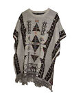 Mexican Sweater Poncho Ivory Background Knit Fringe Southwest Boho 32