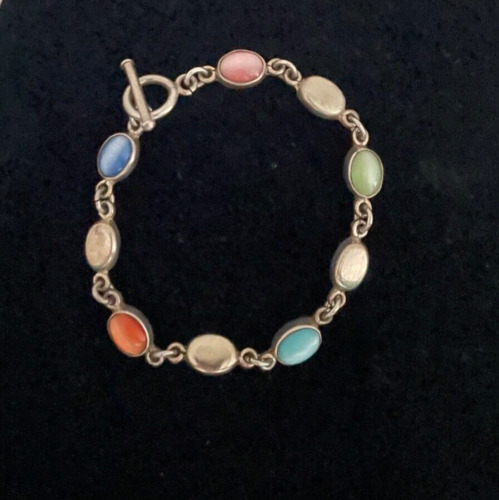 Vintage Mexico 925 Sterling Silver Bracelet Multi Color Cats Eye & Toggle Clasp