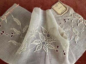Antique Vtg EMBROIDERY- FRENCH WHITEWORK HAND EMBROIDERY ORGANDY FRAGMENT *DOLLS