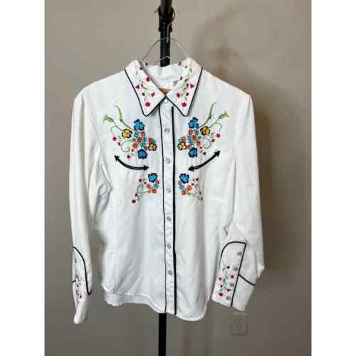 Cowboy Rodeo Scully White Embroidered Floral Western Shirt Size Large