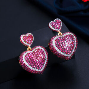 Yellow Gold Plated Rose Red CZ Heart Shape Dangle Drop Earrings for Women Ladies