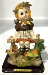 Girl w/Bonnet Sitting on Fence w/Flower Basket Rooster M.A. Collection Figurine
