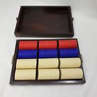 Vintage Poker Chips in Wood Case Red White Blue Smooth Plastic 300 pc
