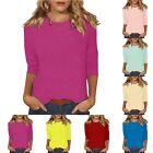 Womens Tops Casual O-Neck Three Quarter Sleeve Solid Color T Shirt Blouse Tee