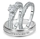 2.23 Ct Real Moissanite Engagement Trio Ring His/Hers Set 14K White Gold Plated