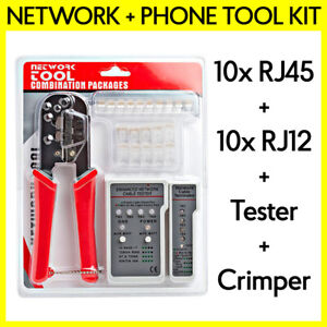 Network Cabling Tool Kit Cable Tester Crimper Striper Tool RJ45x10 RJ12x10 Plug