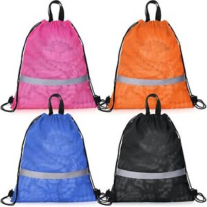 4 Pcs Summer Reflective Large Mesh Drawstring Bag with Zipper Pocket Net Quick D