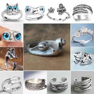 925 Silver Retro Frog Cat Owl Animal Rings Open Finger Ring Jewelry Adjustable