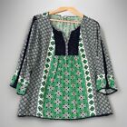 Crown and Ivy Top XL Boho Mid Mod Retro Green Navy Crochet Floral Geometric