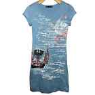 579 Vintage Y2K Size XS Pale Blue Feathered Crown Graphic Short Sleeve T-Shirt