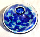 VTG Art Glass Hand Blown Flat Pancake Vase Clear & Royal Blue Round Inkwell
