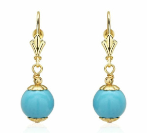 14K Solid Yellow Gold 7 mm Ball Shaped Turquoise Leverback Dangle Drop Earrings
