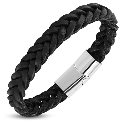 Stainless Steel Silver-Tone Black Leather Braided Wristband Bracelet, 8.75