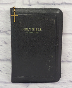 Vintage 1950's Small Bible King James Version Illustrated Black Leather Zipper