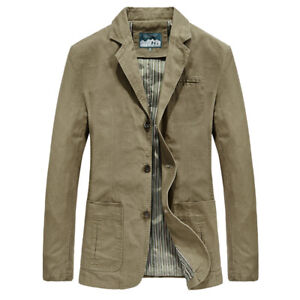 Mens Button Pocket Blazer Jacket Cotton Suit Coats Casual Slim Fit Outwear Size