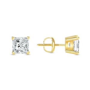1 Ct Princess Cut Created Diamond Real 14K Yellow Gold Stud Earrings Screw Back