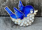 Vintage Blue Bird Crystal Glass Rhinestones Brooch Pin Enamel Bluebird Chick USA