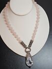 Vtg Marcasite Sterling Silver Rose Quartz Necklace with Large Enhancer Pendant