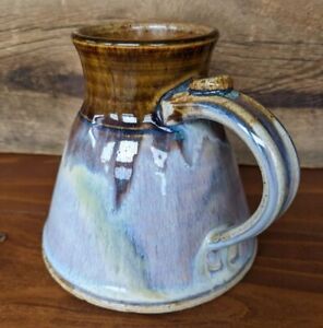 VTG Hand Thrown Studio Art Pottery Coffee Mug Wide Base Thumb Rest Drip Glaze