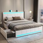LED Bed Frame with 4 Storage Drawers Full Size Upholstered Platform Bed White