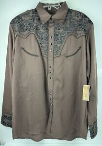 Scully L Brown Western Embroidered Floral Black Pearl Snap Shirt