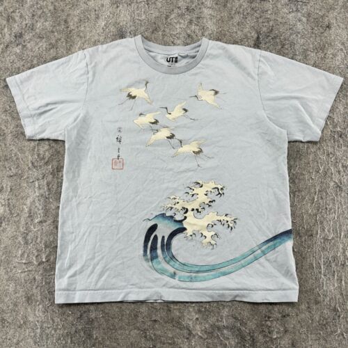 Uniqlo Shirt Mens Large Blue Japan MFA Boston Crane Waves Graphic Short Sleeve