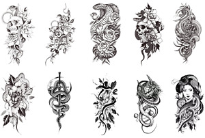 10 Sheet Black Snake Temporary Tattoos with Flower Zombie Sword Body Waterproof