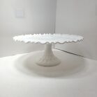 Vtg Fenton Thumbprint Milk Glass Ruffled Pedestal Cake Stand - 12.75” x 5