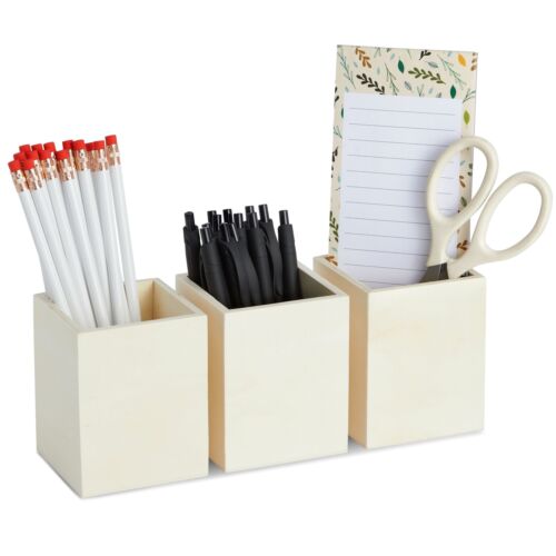 3 Pack Unfinished Wood Pencil Holder Cups for Office - Pen Accessories Organizer
