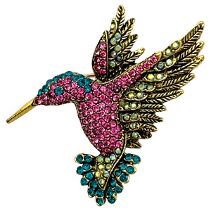 Colorful Hummingbird Brooch Pin, Rhinestone Crystals, Pendant Hook, Gift Bag