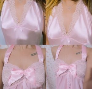 🎀2pc Vintage Rétro Dollette Coquette Bow Pink Satin Dress Bundle 🎀
