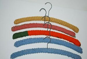 Vintage Hand Crocheted Wooden Hangers Lot of 5 Multi Colors Clothes Coat Hangers