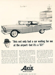 1957 Avis Rental Ford Fairlane - Vintage Advertisement Car Print Ad J468