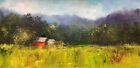 Original oil painting,сountry mountain landscape,village art,red barn,forest