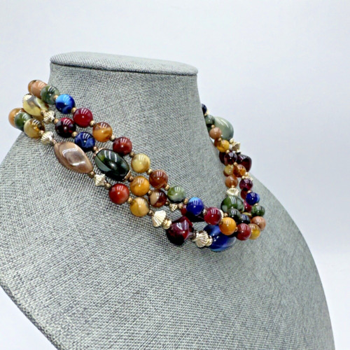 VTG Triple Strand Chunky Layered Multicolor Bead Necklace 18