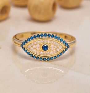 Real 14K Solid Gold Evil Eye Ring, Handmade Evil Eye Ring, Women's Ring