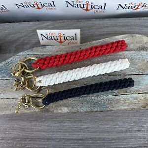 Rope Bell Pull w/ 3 Brass Shackles, Hand Tied, Red, Navy Blue, Bright White