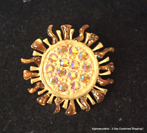 Vintage Brooch Pin SIGNED AJMC Sun Rhinestone Gold tone Jewelry lot y