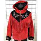 Rare Vintage Scully Red/Black Embroidered Suede Hooded Fringe Jacket sz Med