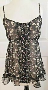 Express Top Women's Blouse Small Black White Floral Ruffles French Baby Doll