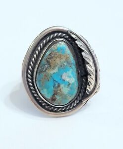 Old Pawn Vintage Navajo Turquoise Feather Sterling Silver Ring Size 10