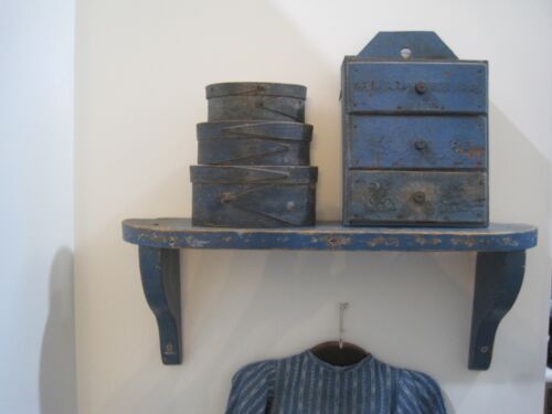 19th Century Original Blue Paint Wood Shelf Primitive American Country Find