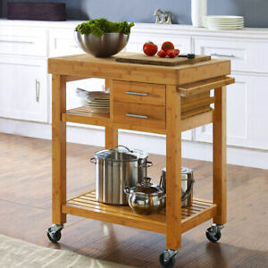 Rolling Bamboo Kitchen Island Cart Food Prep Trolley, with Towel Rack Drawers