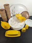 Vintage 32 Pc Melmac Dish Set Yellow and Brown Plastic Floral Flower 70's Decor