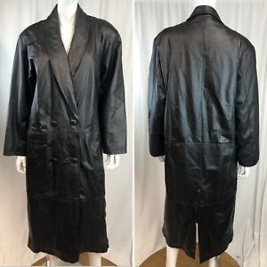 Vintage M Black Leather Double Breasted Long 80s 90s Y2K Women’s Trench Coat